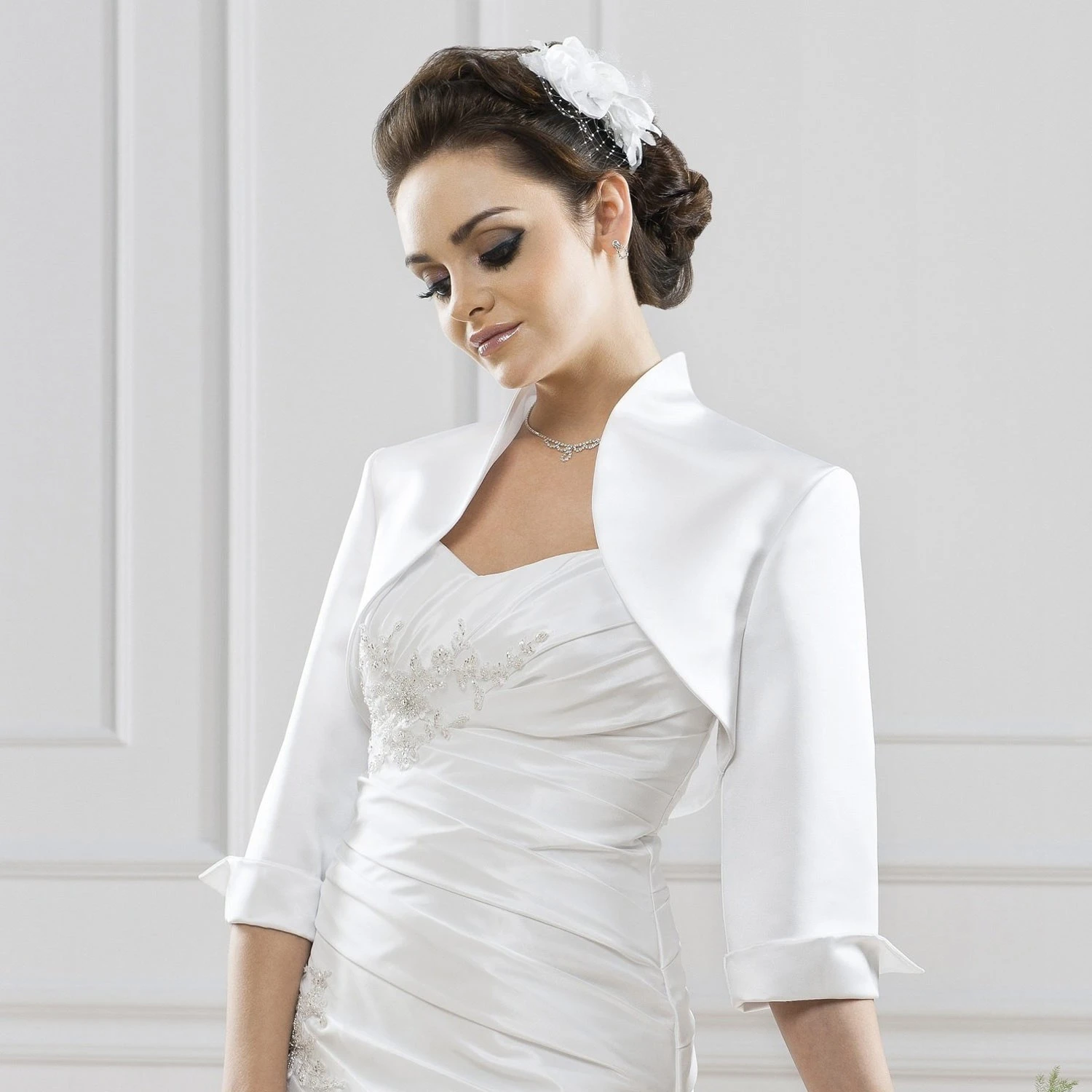 Boléro De Mariage Satin Manches 3/4 Elda