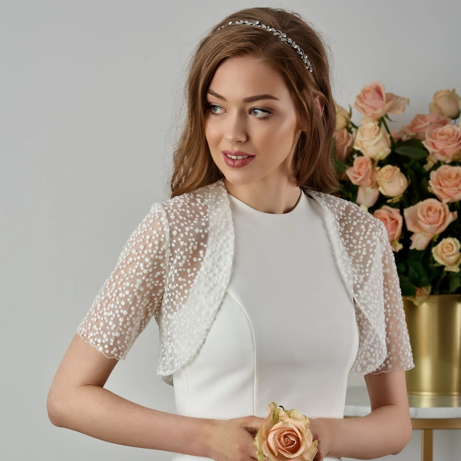 Boléro Mariée Ivoire à Pois Manches Courtes Magali