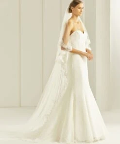 S258 - Bianco Evento Voile Bordure En Dentelle Perlée