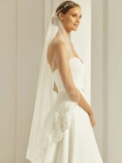 S286 - Bianco Evento Voile Mi Long Dentelle Perlée