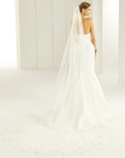 S307 - Bianco Evento Voile Très Long Bordure Dentelle