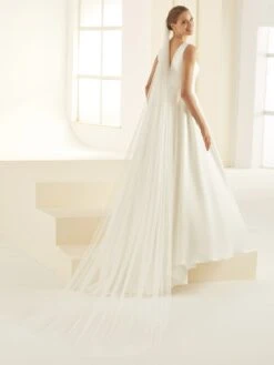 S362 - Bianco Evento Voile Très Long Tulle Pailleté Argenté