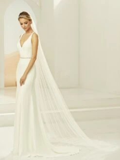 S388 Bianco Evento - Voile Mariage Ivoire Long à Bordure Festonnée