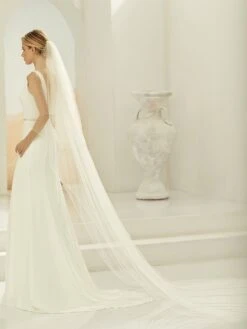 S397 Bianco Evento - Voile Mariée Très Long Bordure Perles De Verre