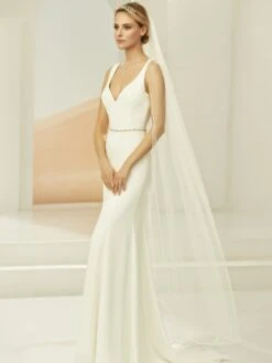 S402 Bianco Evento - Voile Mariée Long Bordure Perles De Verre