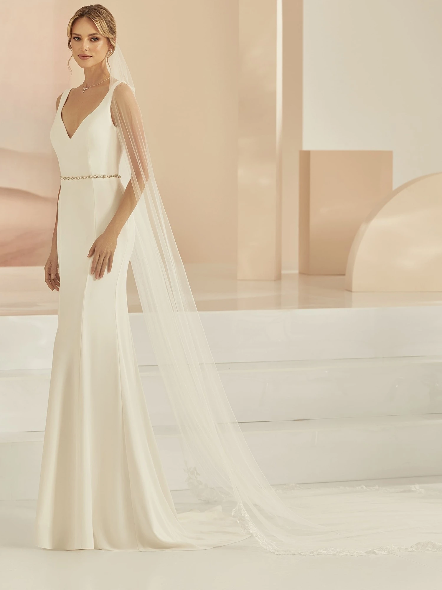 S406 Bianco Evento - Voile Très Long Dentelle