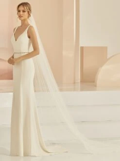 S416 Bianco Evento - Voile Mariée Très Long Appliques Dentelle